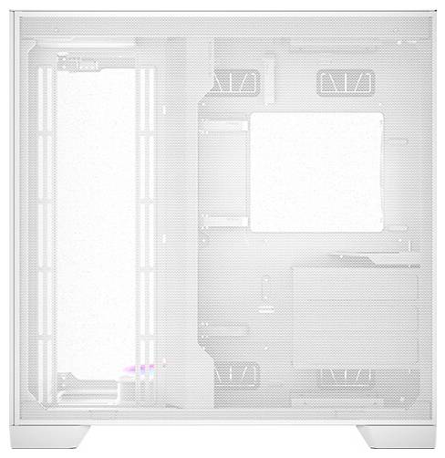 Gehäuse eines Computer-Towers mit offenem Innenraum, zahlreiche Montagepunkte für Hardwarekomponenten, hellgraue Mesh-Oberfläche.