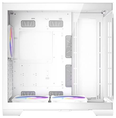 Weißes PC-Gehäuse mit transparentem Seitenfenster. Innen sind drei bunte Lüfter sichtbar. Keine weiteren Komponenten installiert.