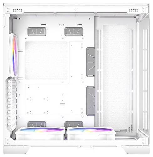 Ein leerer, weißer Computergehäuse-Innenraum mit mehreren Lüfterplätzen; es sind drei RGB-Lüfter installiert.