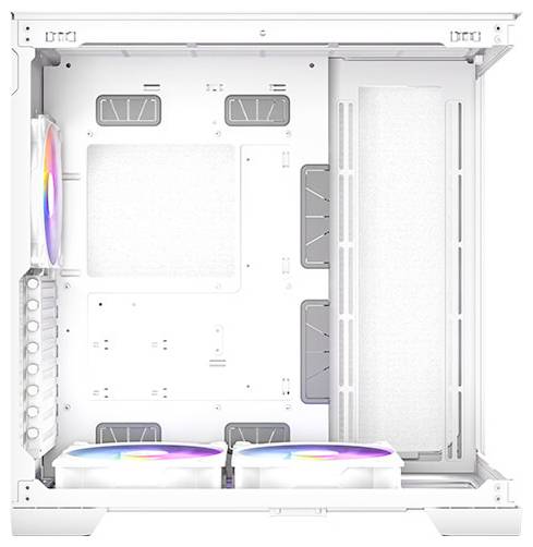 Weißes PC-Gehäuse mit sichtbar eingebauten Lüftern. Oberer Lüfter zeigt Regenbogenfarben. Gehäuse bietet Platz für weitere Komponenten.