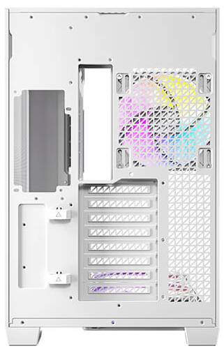 Weiße PC-Gehäuse-Rückseite mit Lüfteröffnung, perforierten Lüftungsgittern und Erweiterungssteckplätzen. RGB-Beleuchtung sichtbar.
