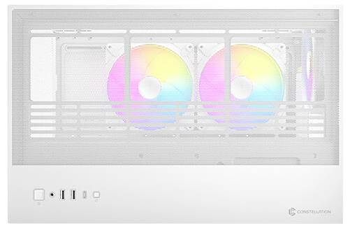 Ein PC-Gehäuse mit zwei leuchtenden Lüftern in Regenbogenfarben. Das Gehäuse ist weiß und hat Anschlüsse an der Vorderseite.