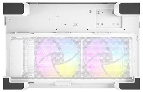 Ein Computergehäuse von oben mit eingebauten, leuchtenden PC-Lüftern, die in Regenbogenfarben beleuchtet sind.