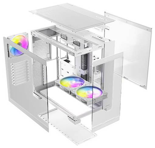 Explodierte Ansicht eines weißen Computergehäuses mit transparenten Seitenteilen, mehreren Lüftern mit LED-Beleuchtung und Geräterahmen.