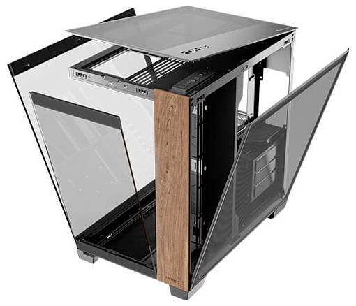 Computertower-Gehäuse aus Glas und Holz in moderner, offener Bauweise mit transparenten Panels.