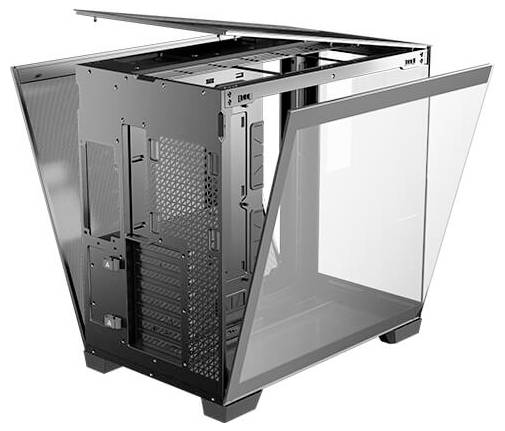 Offenes, leeres Computergehäuse mit sichtbar herausnehmbaren Seitenteilen aus Glas und Metall, bereit zum Zusammenbau.