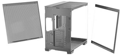 Offenes Computergehäuse aus Metall mit zwei abgenommenen Seitenteilen. Ideal für PC-Selbstbau, zeigt Innenstruktur und Lüftungsschlitze.