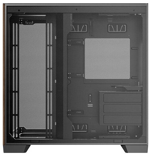 PC-Gehäuse mit transparentem Seitenfenster. Sichtbare Sockel für Hauptplatine, Laufwerke und Kabelmanagement. Keine Komponenten eingebaut.