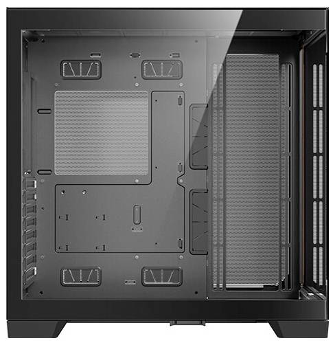 Schwarzes PC-Gehäuse mit transparentem Seitenteil; zeigt leeres Innenfach für Computerkomponenten mit Lüftungsschlitzen.