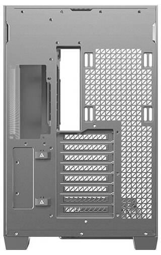 Metallgehäuse-Rückseite eines PC-Towers mit mehreren Lüftungsschlitzen und Erweiterungsslots für zusätzliche Hardwarekomponenten.