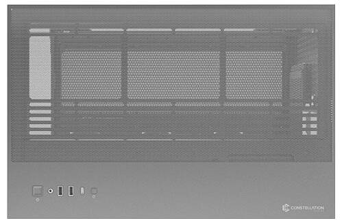 'Grauer Lüftungsschlitz in quadratischer Form mit schwarzem Gitter. Unten links befinden sich Symbole, rechts unten ein Markenlogo.'