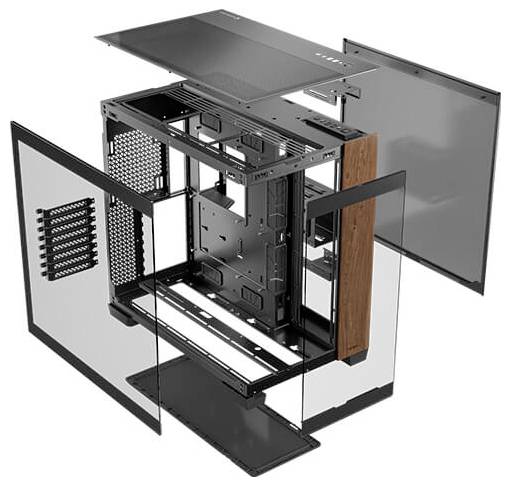Explosionsdarstellung eines Computergehäuses mit abgenommenen Seitenwänden, Ober- und Unterseite. Zeigt das Innenlayout und Materialdetails.