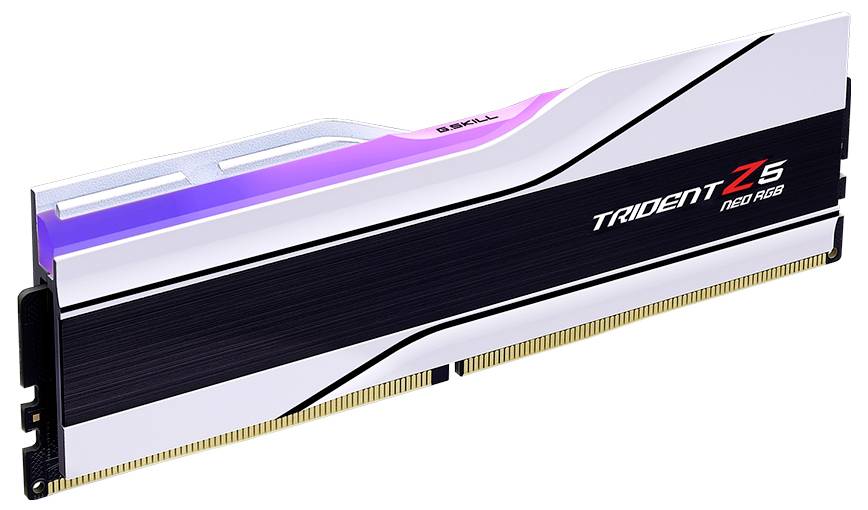 Ein RAM-Modul Trident Z5 Neo RGB mit schwarz-weißem Kühlkörper und RGB-Lichtleiste, das für hohe Leistung konzipiert ist.