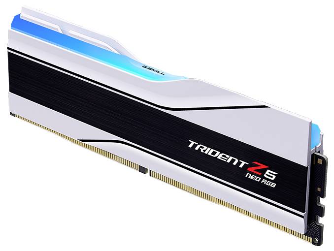 Der Arbeitsspeicher zeigt eine 'Trident Z5 Neo RGB'-Speichermodul in Schwarz-Weiß mit blauer Beleuchtung, geeignet für Computer-Upgrades.
