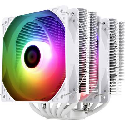 Ein weißer CPU-Kühler mit RGB-Beleuchtung zeigt leuchtende Farben. Er besitzt mehrere Kühlrippen und ist für den Einsatz in Computern gedacht.