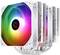 Ein weißer CPU-Kühler mit RGB-Beleuchtung zeigt leuchtende Farben. Er besitzt mehrere Kühlrippen und ist für den Einsatz in Computern gedacht.