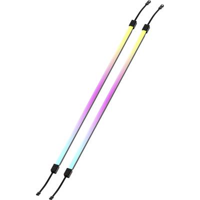 Zwei LED-Lichtleisten, eine mit gelb-blauem Verlauf und die andere mit gelb-violettem Verlauf, auf weißem Hintergrund.