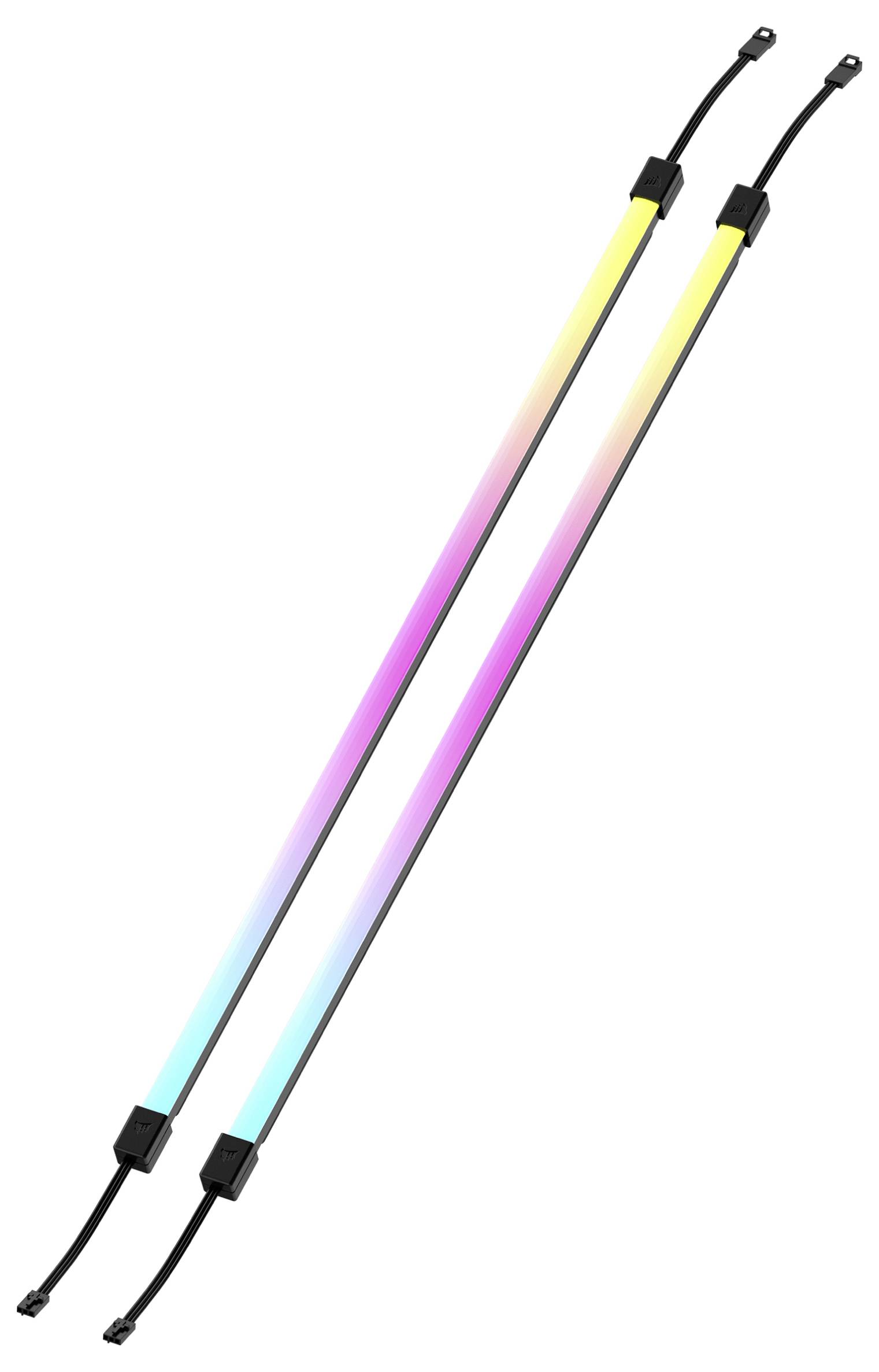 Zwei LED-Lichtleisten mit Farbverlauf von Blau zu Gelb zu Pink, geeignet zur dekorativen Beleuchtung oder Akzentbeleuchtung.