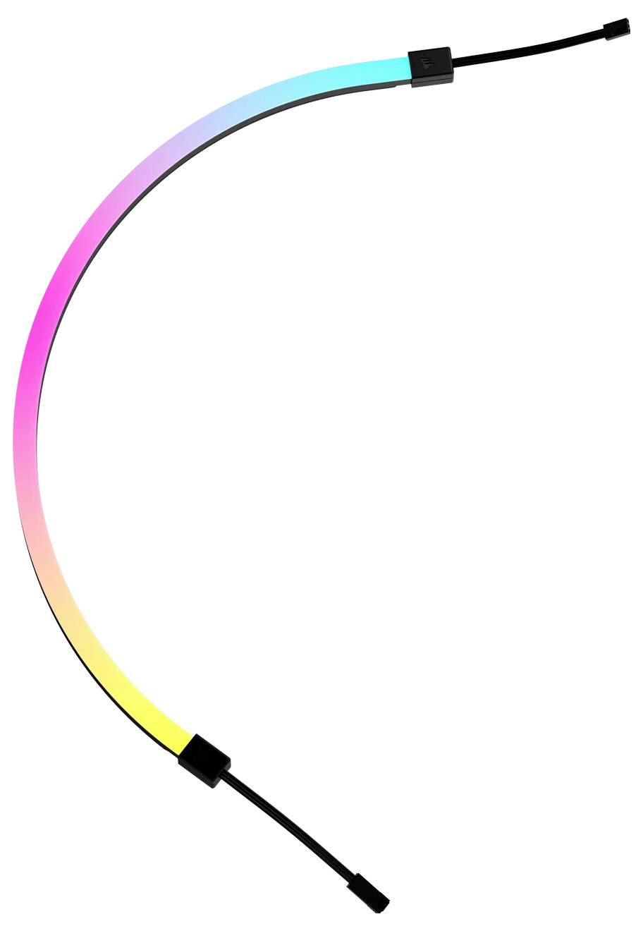 Buntes, gebogenes LED-Lichtkabel auf weißem Hintergrund.