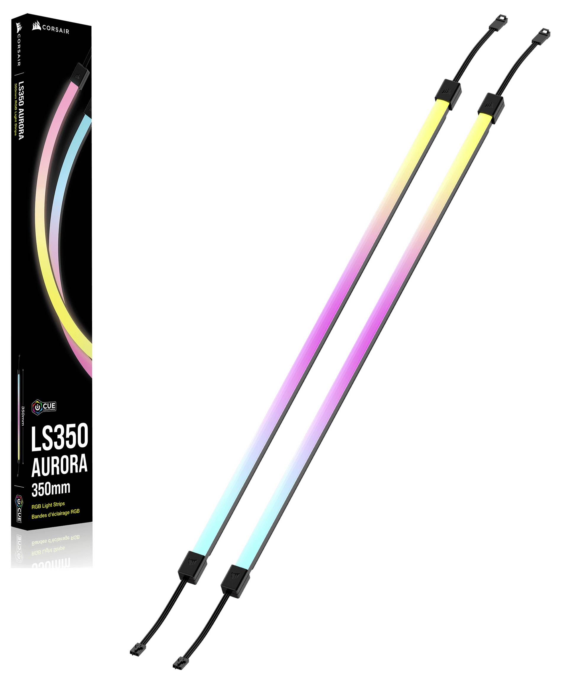 Zwei Corsair LS350 Aurora LED-Streifen mit RGB-Beleuchtung. Die langen Streifen zeigen Farbverläufe von Blau über Rosa bis Gelb. Verpackung links ist ebenfalls sichtbar.
