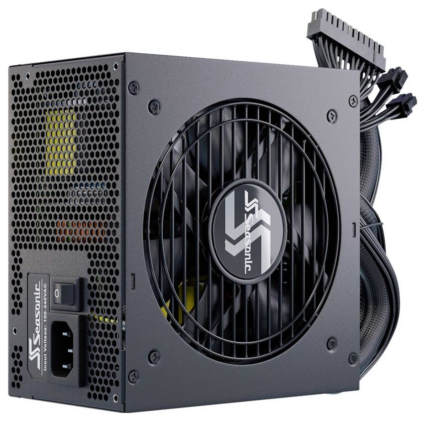 Ein schwarzes PC-Netzteil mit Lüfter, Kabel und 'Seasonic'-Logo in der Mitte. Elektronisches Gerät zur Stromversorgung von Computern.