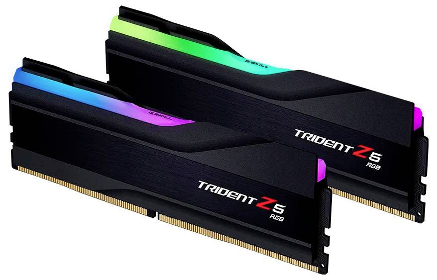 Zwei Trident Z5 RGB-RAM-Module in schwarz mit mehrfarbiger LED-Beleuchtung, seitlich angeordnet, mit goldenen Anschlussleisten unten.
