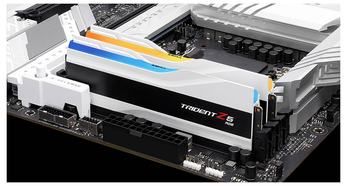 Nahaufnahme von Computer-RAM-Modulen auf einem Mainboard installiert. Die Module sind mit 'Trident Z5 RGB' beschriftet.