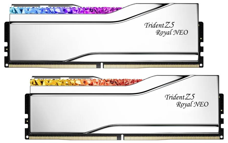 Zwei silberne RAM-Module der Marke 'Trident Z5 Royal NEO' mit bunten, kristallähnlichen Design-Elementen auf der Oberseite.
