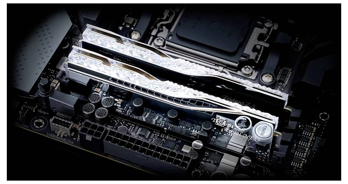 Zwei glänzende RAM-Module in einem Motherboard-Slot. Die Module haben ein auffälliges, modernes Design mit wellenförmigen Details.