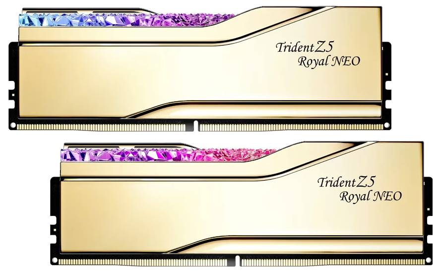 Zwei goldene Trident Z5 Royal NEO RAM-Module mit farbigen, kristallartigen Oberflächen. Ideal für High-End-Computersysteme.