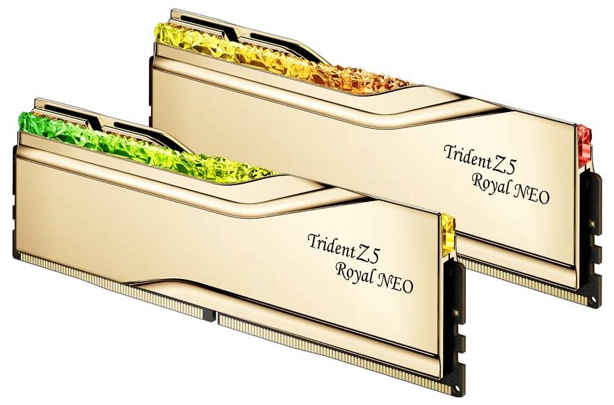 Zwei goldfarbene RAM-Module mit farblich beleuchteter Oberseite. Beschriftung: 'Trident Z5 Royal NEO'. Stilvoll und hochwertig designt.