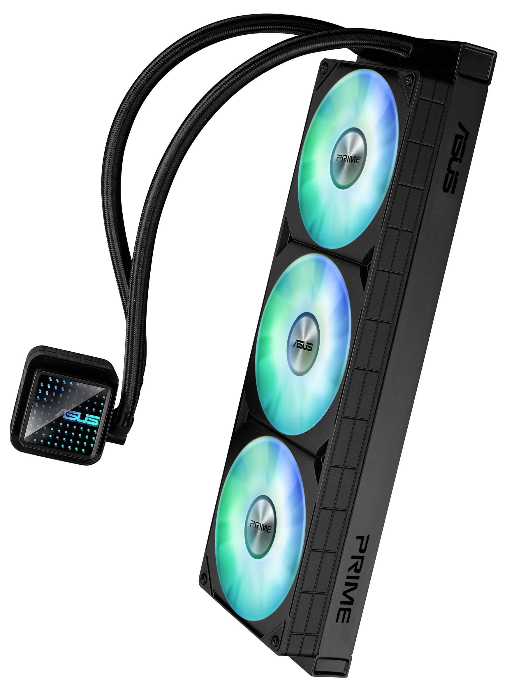 Computer-Kühlsystem mit drei beleuchteten Lüftern und einem rechteckigen Kühlblock. Marke 'ASUS Prime' an der Seite sichtbar.