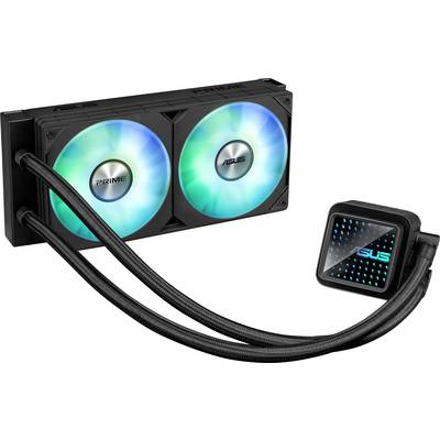 Eine Computer-Wasserkühlung mit zwei leuchtenden Lüftern und einem kleinen rechteckigen Kühlblock mit der Aufschrift 'ASUS'.