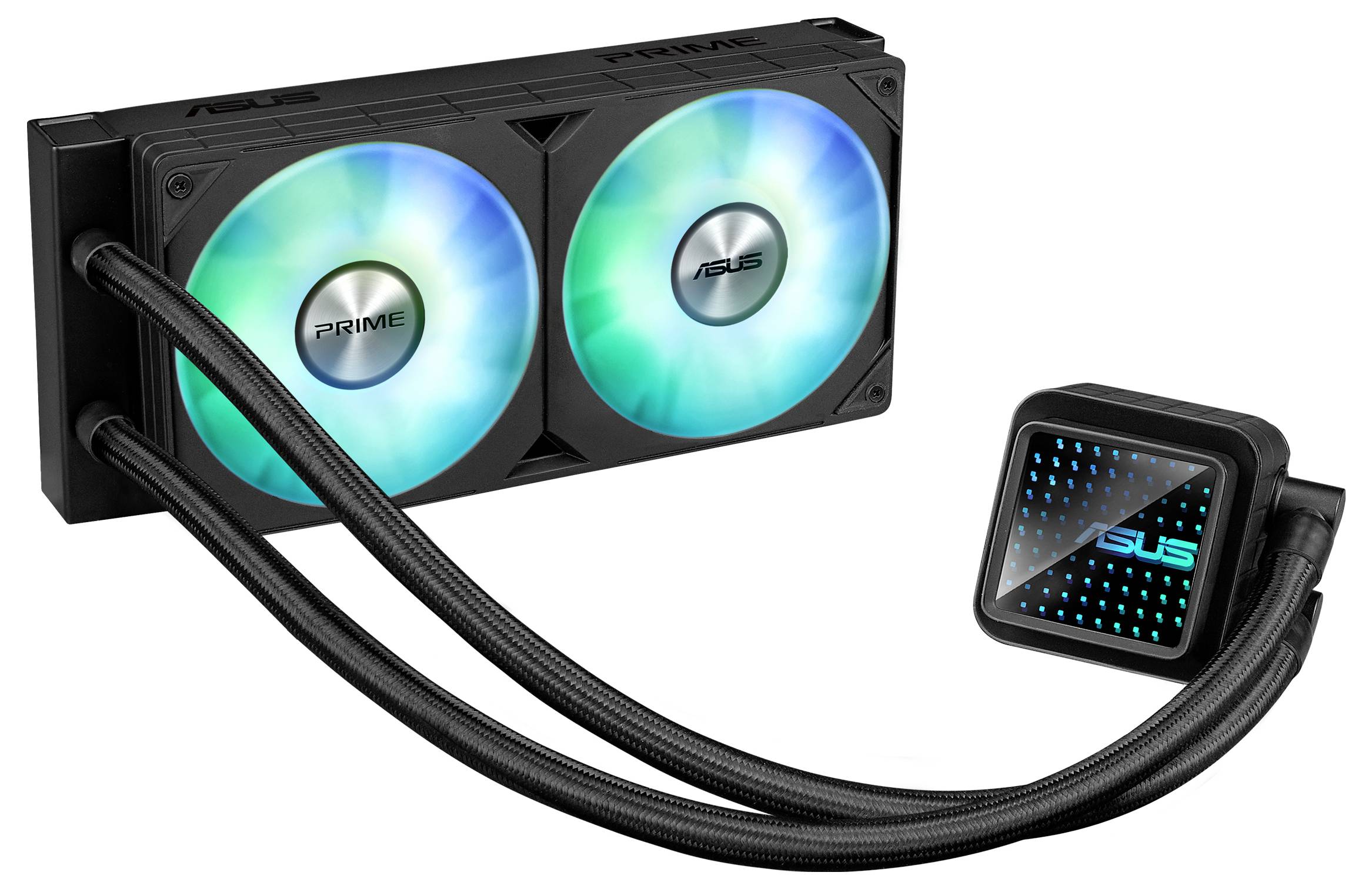 Schwarzer ASUS-Komponenten-Kühler mit zwei leuchtenden LED-Lüftern. Schläuche verbinden Kühler mit quadratischem Asus-Wasserblock.