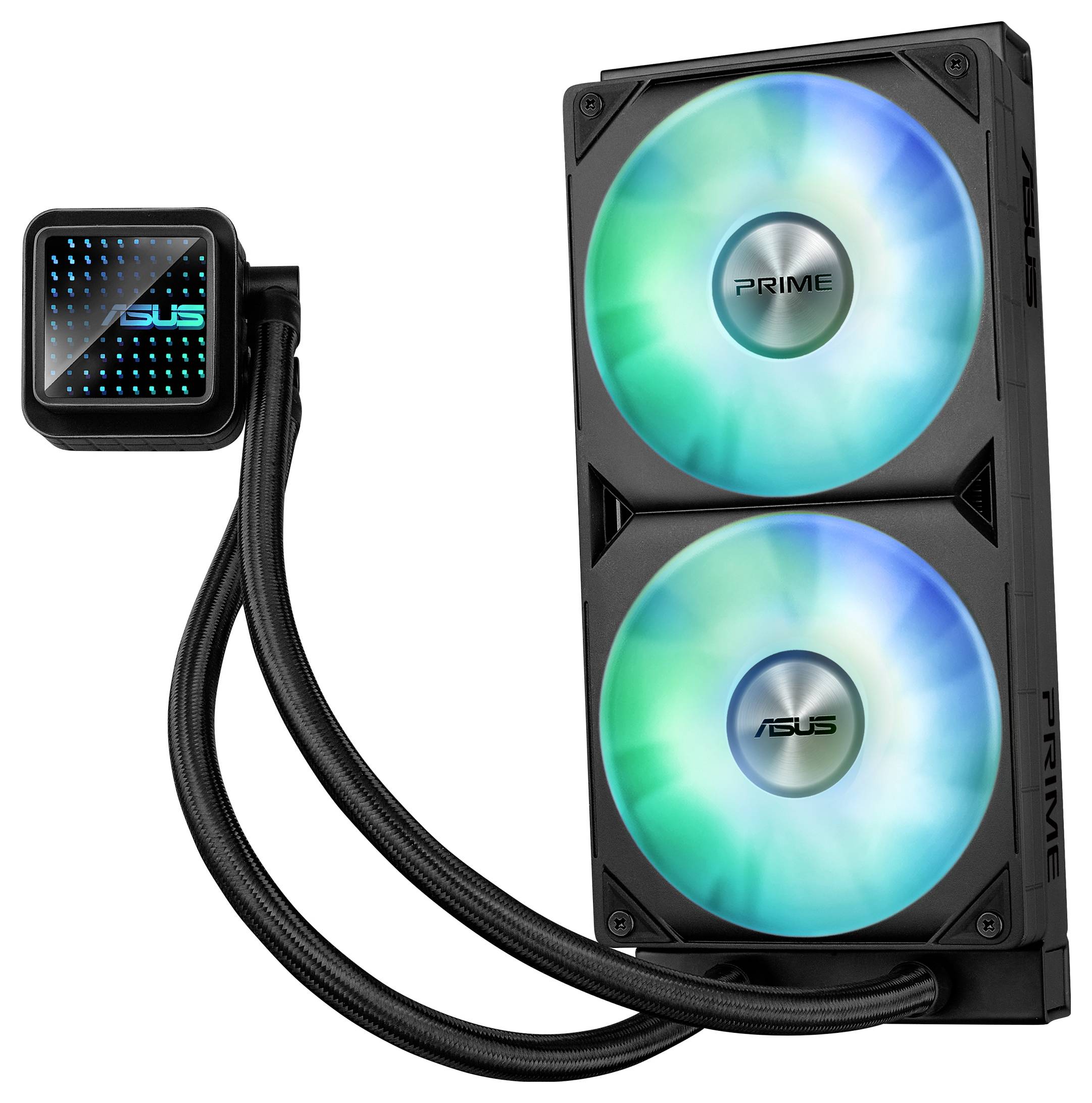Ein ASUS PC-Wasserkühler mit zwei beleuchteten Lüftern und einem Kühlerblock. Beide Lüfter leuchten in Blau und Grün.