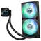Ein ASUS PC-Wasserkühler mit zwei beleuchteten Lüftern und einem Kühlerblock. Beide Lüfter leuchten in Blau und Grün.