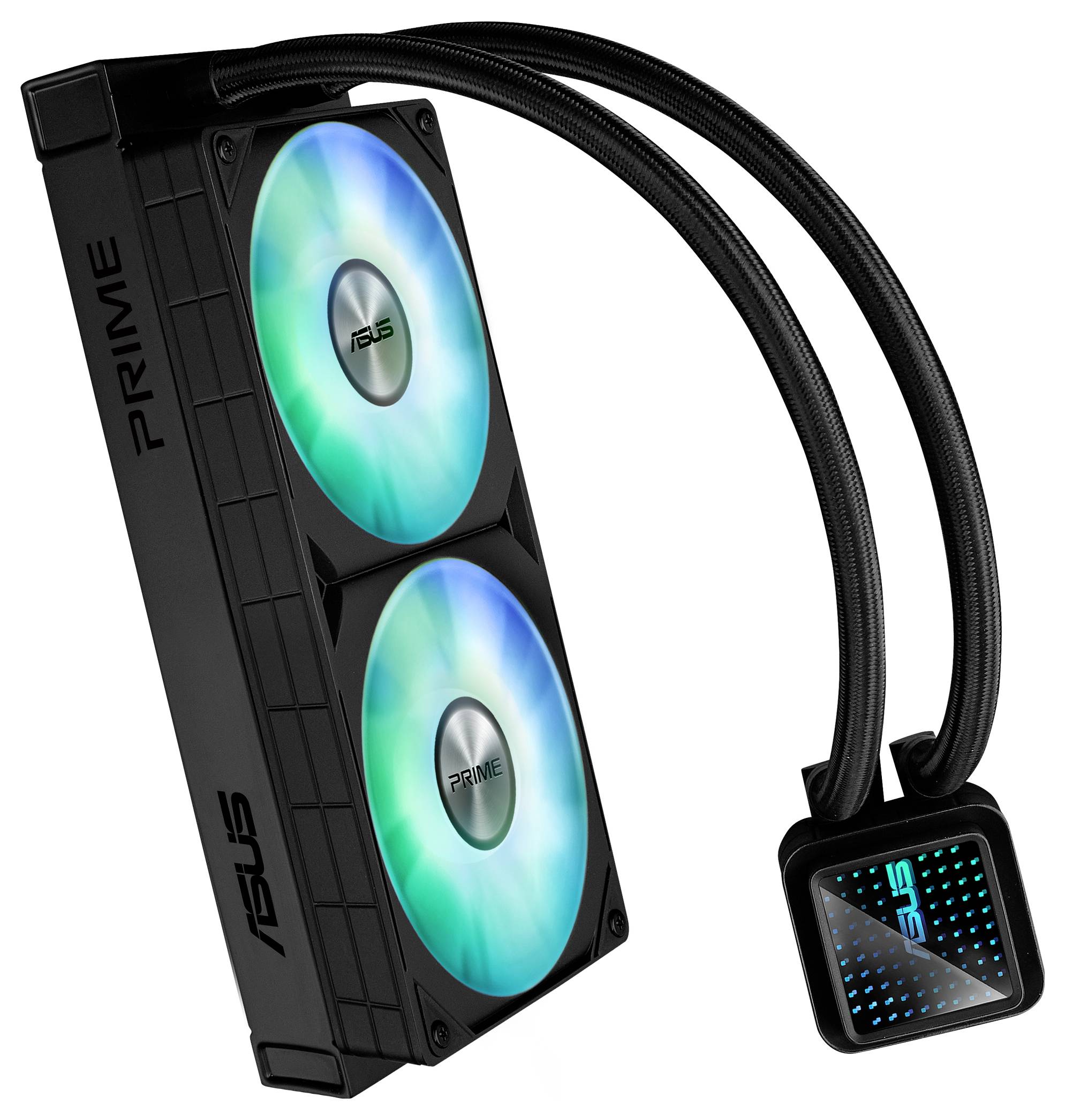 Flüssigkeitskühlsystem mit zwei leuchtenden Lüftern und Schläuchen. Geeignet für Computer-Kühlung, markiert mit 'ASUS' und 'PRIME'.
