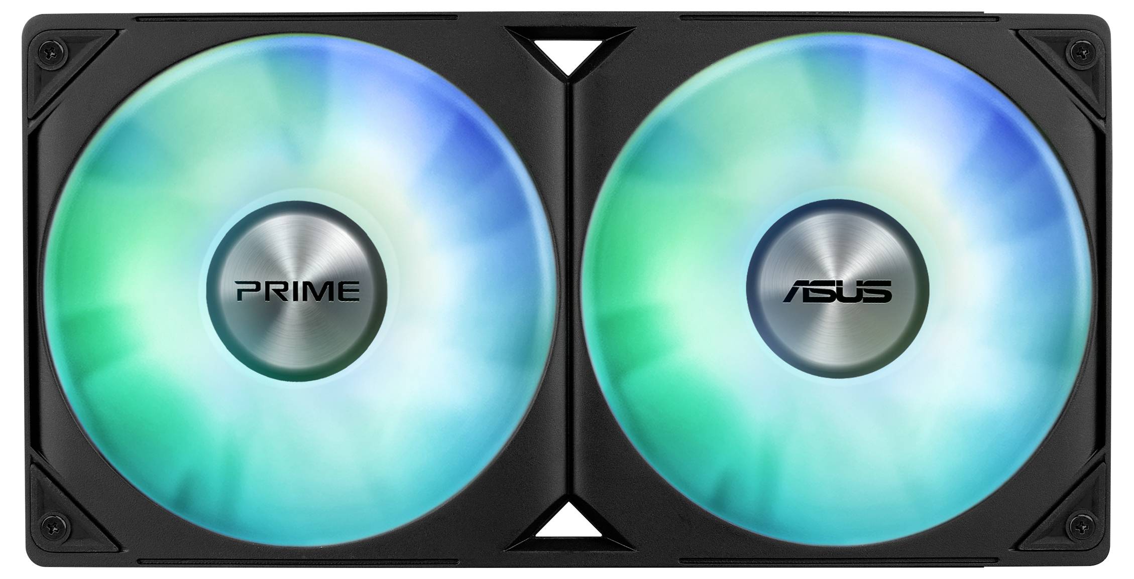 Zwei beleuchtete Computerlüfter mit RGB-Beleuchtung und den Aufschriften 'PRIME' und 'ASUS' in der Mitte.