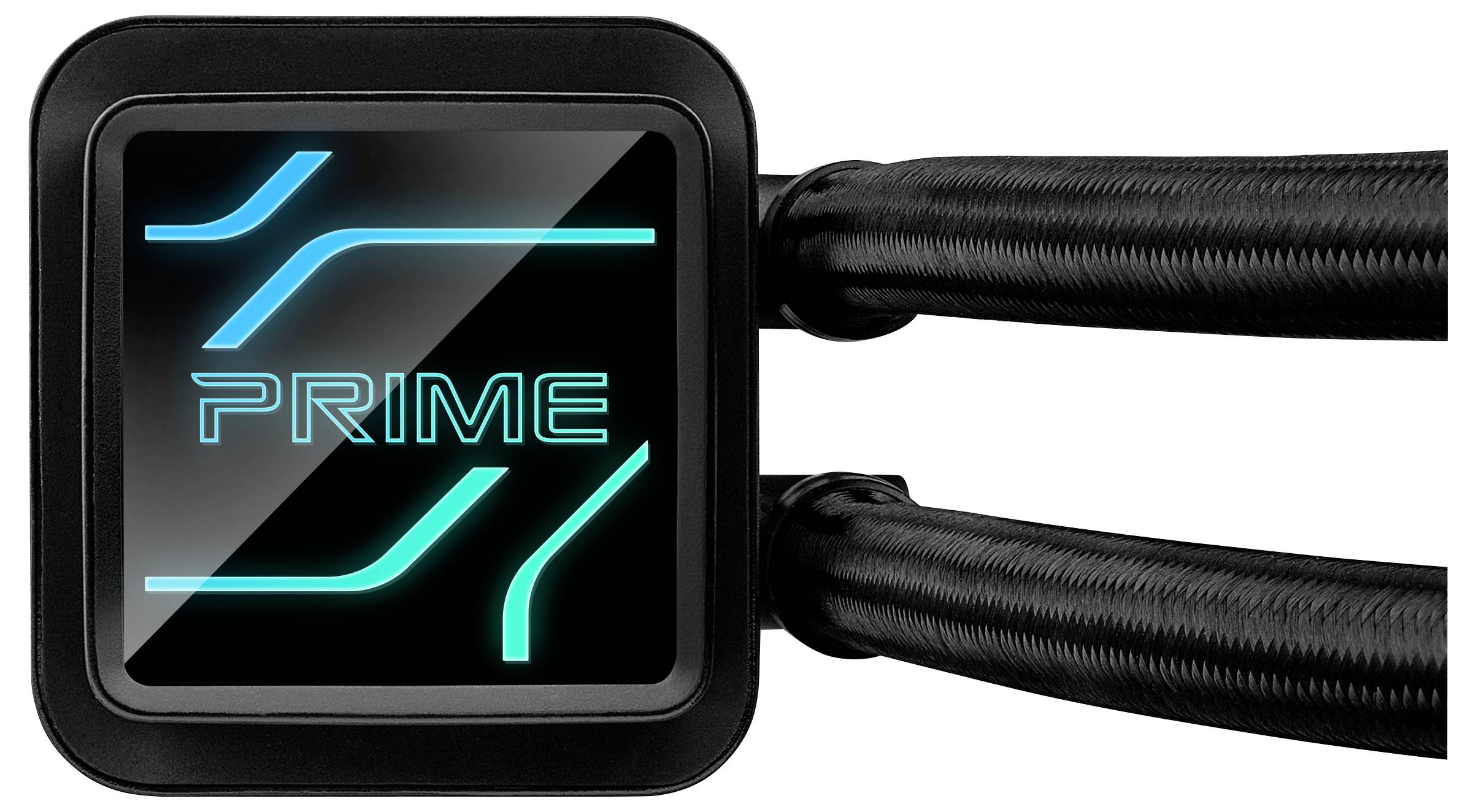 Ein beleuchtetes Computer-Kühlmodul mit der Aufschrift 'PRIME' und blauen Linien, rechts zwei schwarze Schläuche zur Kühlmittelzirkulation.