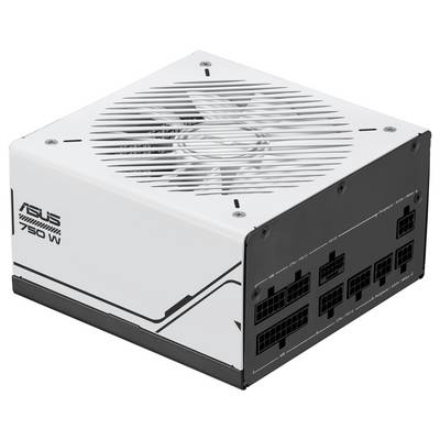 Weißes 750-Watt-Netzteil von ASUS mit Lüfter oben und mehreren Anschlüssen an der Seite. Geeignet für Computer-Montage.