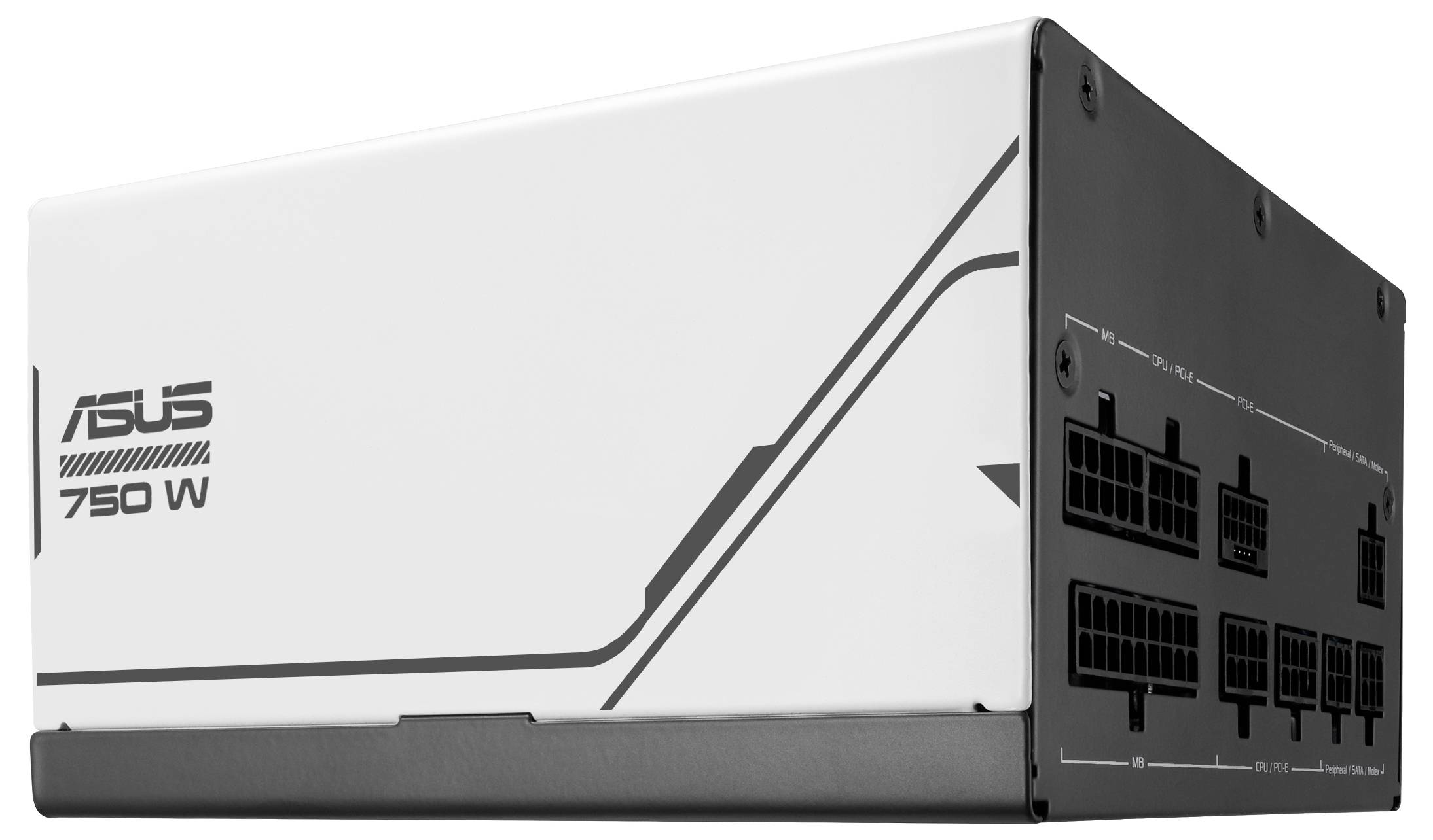 Weiße ASUS 750W PC-Netzteil-Einheit, mit modularen Anschlüssen sichtbar auf der Seite. Hauptsächlich für Gaming-PCs geeignet.