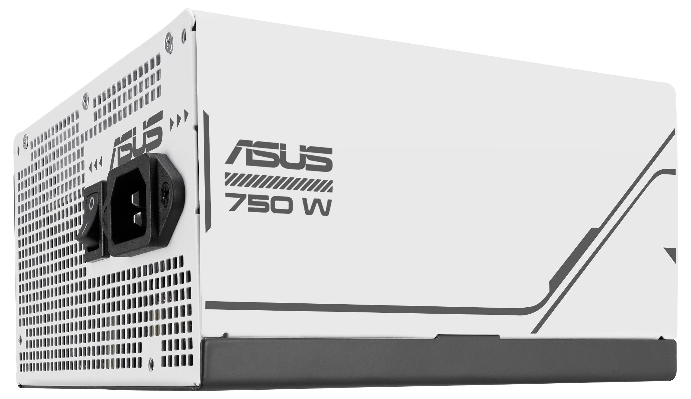 Weißes Netzteil von ASUS mit der Aufschrift '750 W', seitlich und hinten sichtbar, mit auffälligem geometrischem Design.