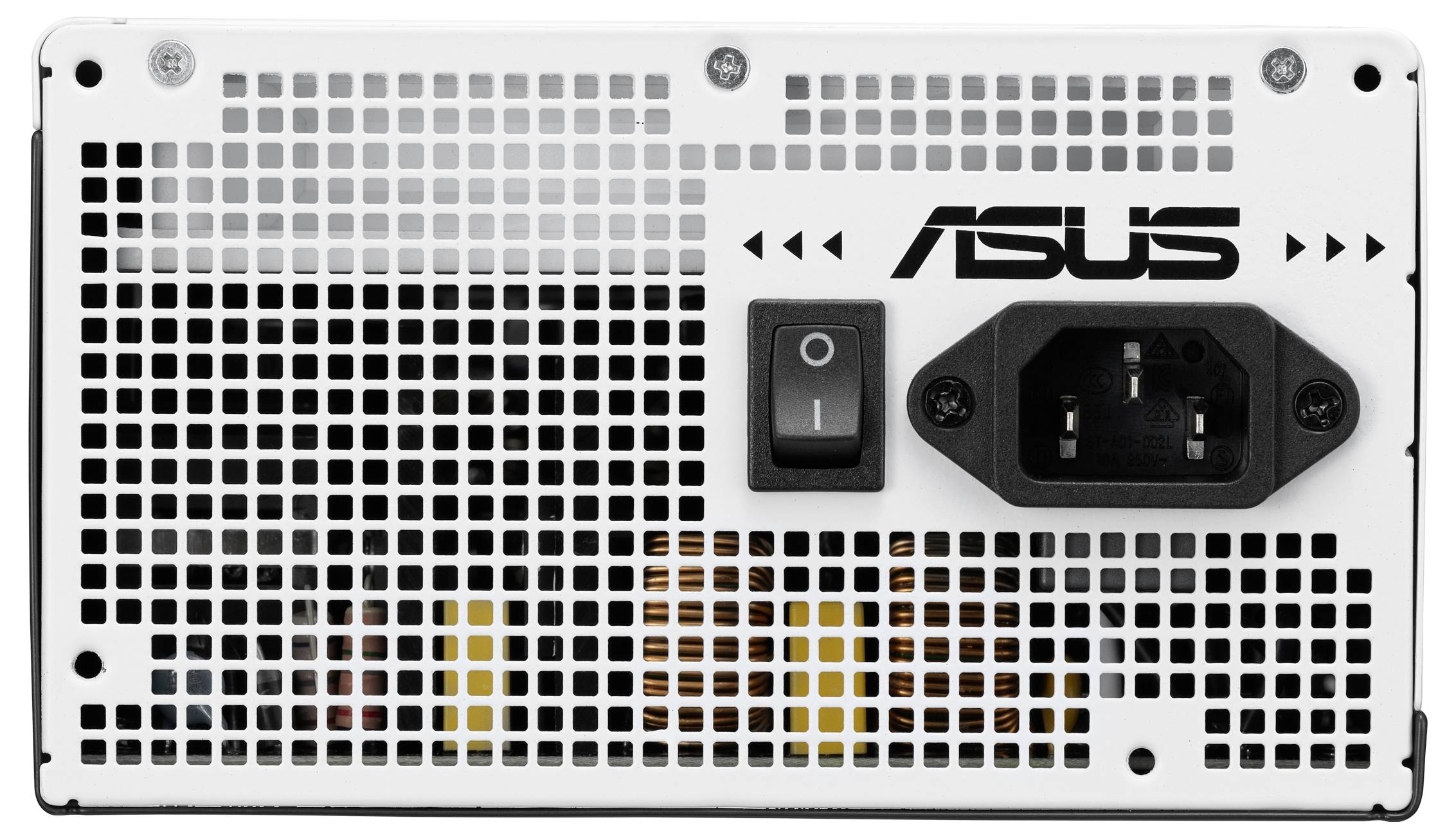 Weiße ASUS Computer-Stromversorgung mit Lüftungsgitter, Netzschalter und Stromanschluss, Markenlogo sichtbar.