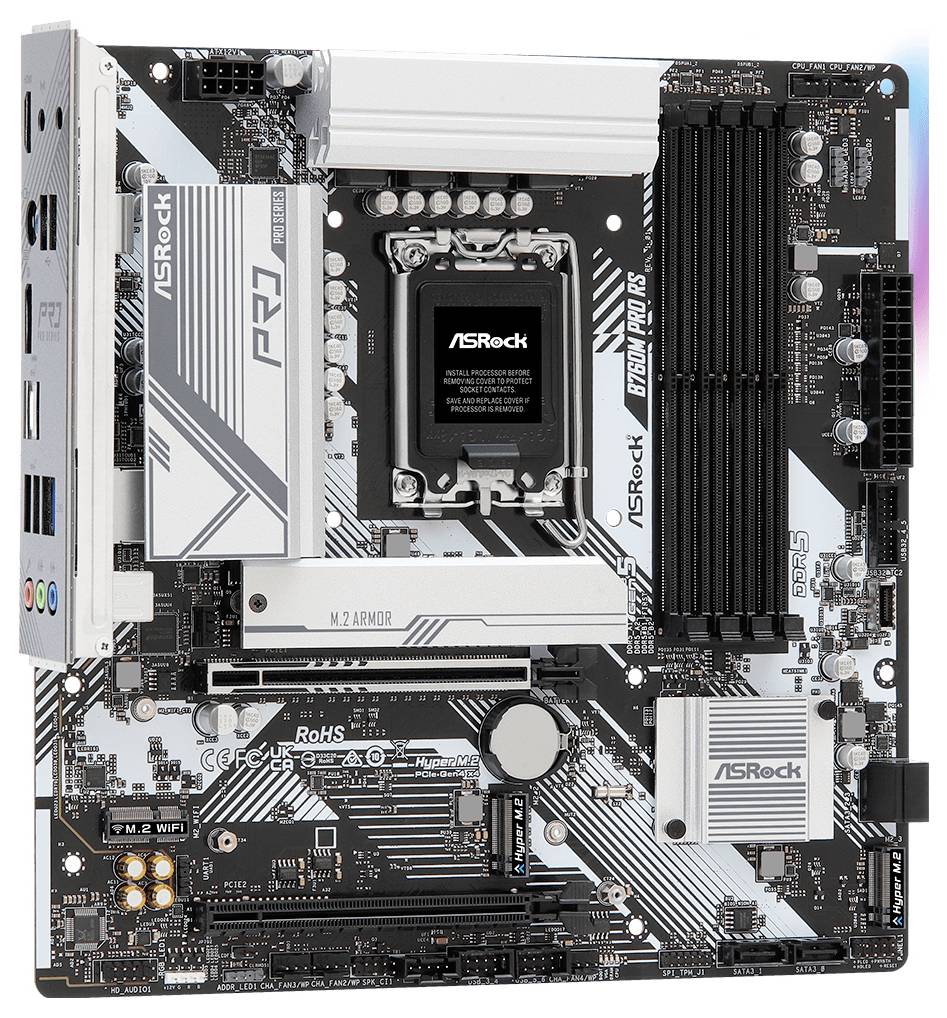 PC-Mainboard von ASRock mit zahlreichen Anschlüssen, vier RAM-Slots und Kühlkörpern, geeignet für moderne Computeraufbauten.