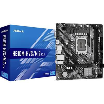 'ASRock H610M-HVS/M.2 R2.0' Hauptplatine neben der Verpackung. Die Hauptplatine zeigt elektronische Komponenten und Anschlüsse.