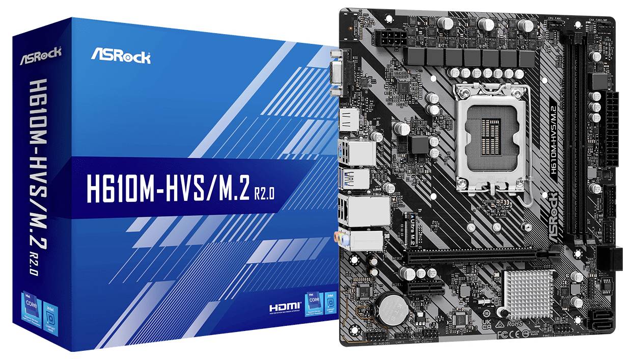 ASRock H610M-HVS/M.2 R2.0 Mainboard und Verpackung, zeigt Ports und Slot-Anschlüsse. Ideal für aktuelle Intel-Prozessoren.