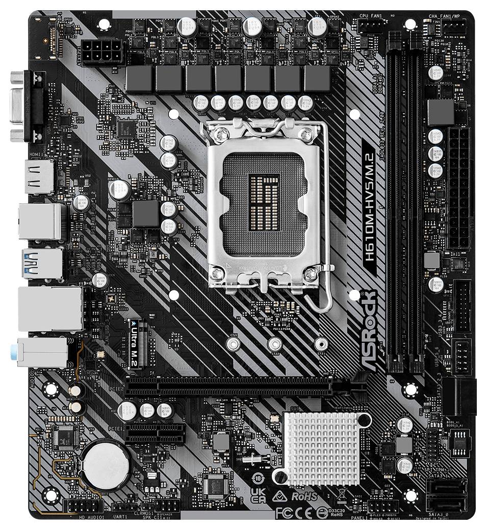 Ein schwarz-silbernes ASRock-Motherboard mit verschiedenen Anschlüssen, Steckplätzen und einem CPU-Sockel oben in der Mitte.