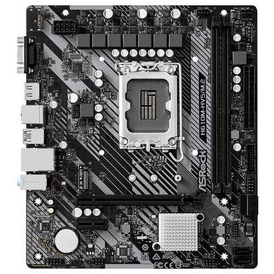 Ein schwarz-silbernes ASRock-Motherboard mit verschiedenen Anschlüssen, Steckplätzen und einem CPU-Sockel oben in der Mitte.