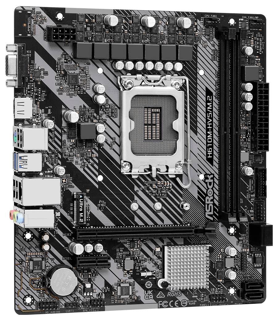 Eine ASRock H610M-HVS/M.2 Hauptplatine mit mehreren Steckplätzen und Anschlüssen, einschließlich USB und CPU-Sockel in der Mitte.