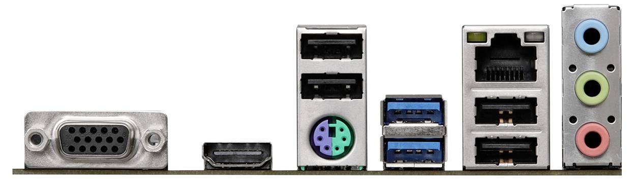 Rückseite eines Computer-Motherboards mit verschiedenen Anschlüssen: VGA, HDMI, USB, Ethernet und Audio-Eingänge.